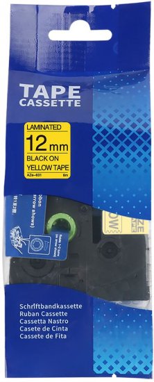 סרט תוויות AZe-631 למדפסת Printech E1000PRO רוחב 12 מ''מ אורך 8 מ' שחור על צהוב