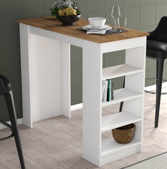 שולחן בר למטבח כולל מדפים דגם טוקיו Tudo Design - בצבע לבן ופלטה אגוז