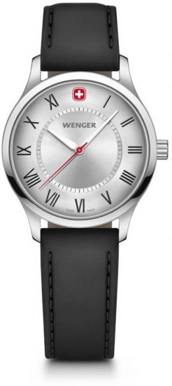 שעון יד אנלוגי לנשים עם רצועת עור שחורה דגם City Classic מבית Wenger - צבע כסוף
