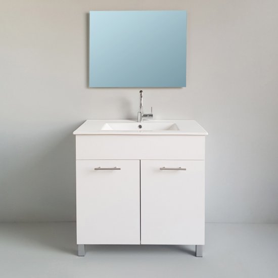 ארון אמבטיה עומד ברוחב 80 ס''מ עם כיור משטח ומראה מרחפת דגם לגון מבית MATINA - צבע לבן מט