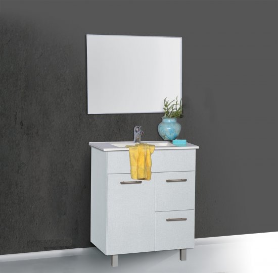 ארון אמבטיה עומד ברוחב 80 ס''מ עם כיור משטח ומראה מרחפת דגם סווינג מבית MATINA - צבע לבן מט