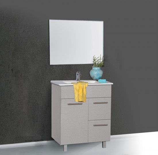 ארון אמבטיה עומד ברוחב 80 ס''מ עם כיור משטח ומראה מרחפת דגם סווינג מבית MATINA - צבע קנבס אפור בהיר