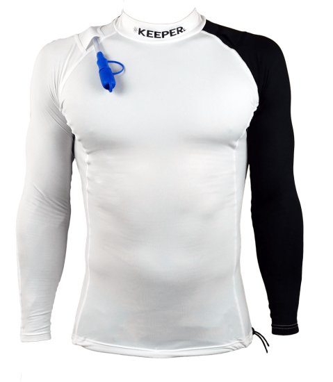 חולצת שרוול ארוך לספורט ימי עם כיס מובנה לשקית שתיה (כלולה) דגם Splasher מבית Keeper בגודל XS - צבע שחור ולבן