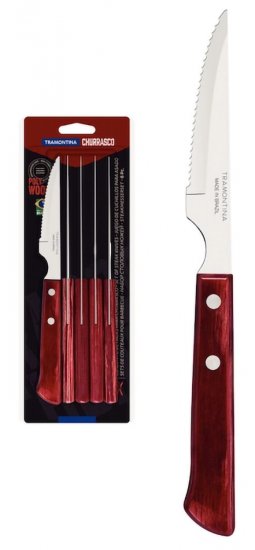 סט 6 סכיני בשר באורך 10.16 ס''מ עם ידיות Polywood בצבע אדום Tramontina