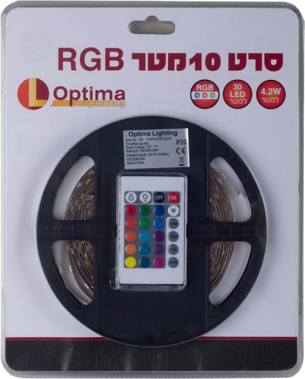 קיט סרט לד 10 מטרים כולל שנאי ושלט Optima IP20 - גוון אור RGB