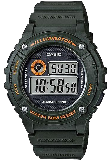 שעון יד דיגיטלי לגברים עם רצועת סיליקון Casio W-216H-3BVDF - צבע ירוק כהה