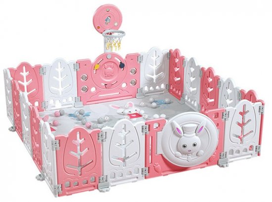 גדר פעילות מתקפלת לתינוקות וילדים גודל XXL כולל משטח פעילות תואם דגם ארנב מבית Hilis - צבע לבן/ורוד