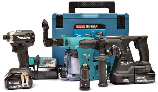 סט כלים נטענים בצבע שחור 18V - פטישון + מברגת אימפקט + שואב אבק ייעודי לפטישון + פוטר נשלף+ מארז מק-פק + 2 סוללות 5.0Ah ומטען Makita