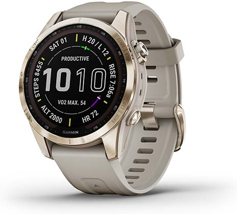 שעון חכם Garmin Fenix 7S Solar Sapphire 42mm - טיטניום בצבע זהב קרם עם רצועה בצבע חול ים - כולל תמיכה מלאה בעברית - שנתיים אחריות יבואן רשמי על ידי רונלייט