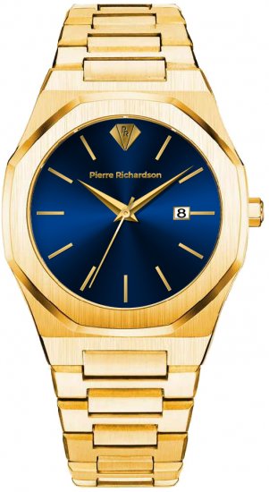 שעון יד אנלוגי לגברים עם רצועת Stainless Steel זהובה Pierre Richardson Pr5429 - צבע החוגה: כחול