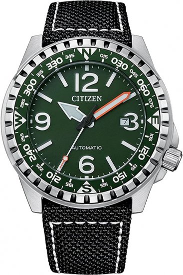 שעון יד אנלוגי לגברים עם רצועת ניילון שחורה Citizen Automatic NJ2198-16X - צבע ירוק