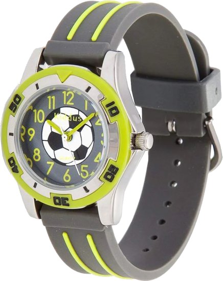 שעון יד אנלוגי לילדים עם רצועת סיליקון דגם Sporty מבית Kiddus - צבע אפור ירוק ואיור כדורגל