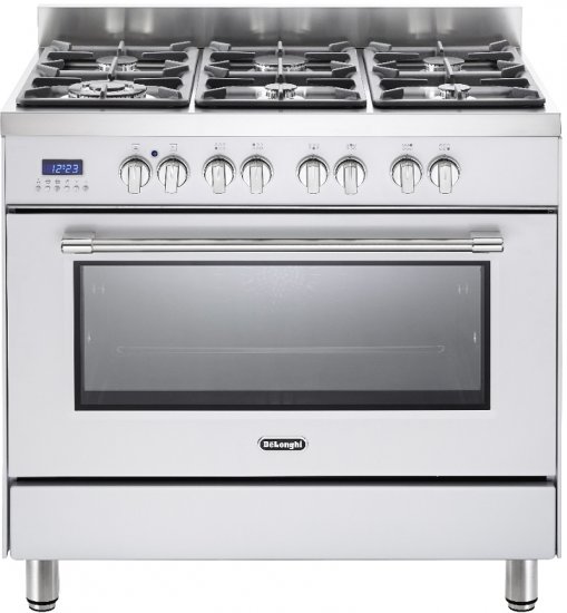 תנור משולב כיריים גז רחב 90 ס''מ 87 ליטר 9 תוכניות 6 מבערים Delonghi NDS-982W - צבע לבן