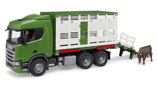 משאית Scania 560R להובלת בעלי חיים + דמות פרה Bruder