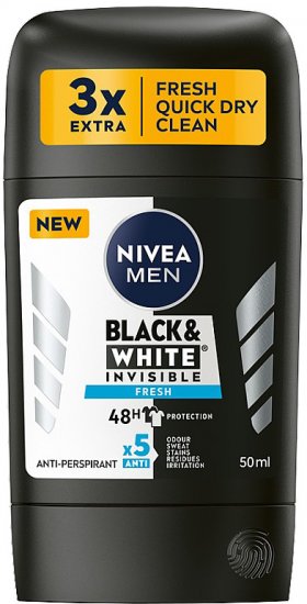 דאודורנט סטיק לגבר Nivea Men Black & White Invisible Fresh - נפח 50 מ''ל