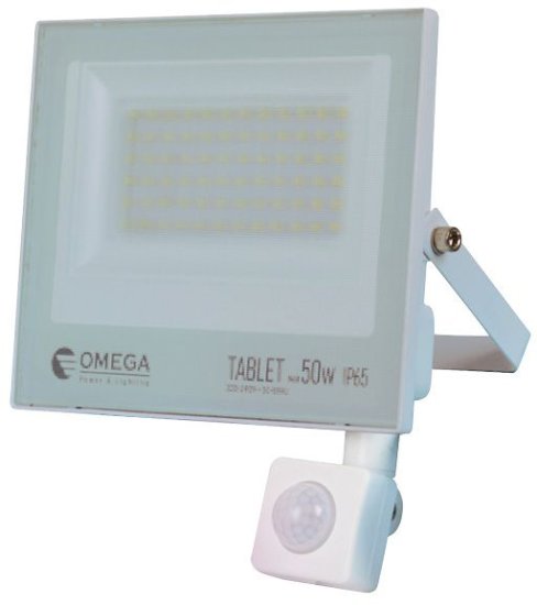 פנס הצפה עם חיישן תנועה Omega TABLET 50W - גוף בצבע לבן גוון תאורה 6500K