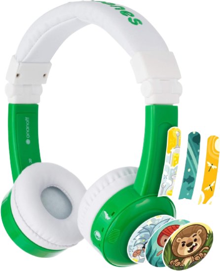 אוזניות לילדים מתקפלות עם הגבלת ווליום BuddyPhones InFlight - צבע ירוק / לבן