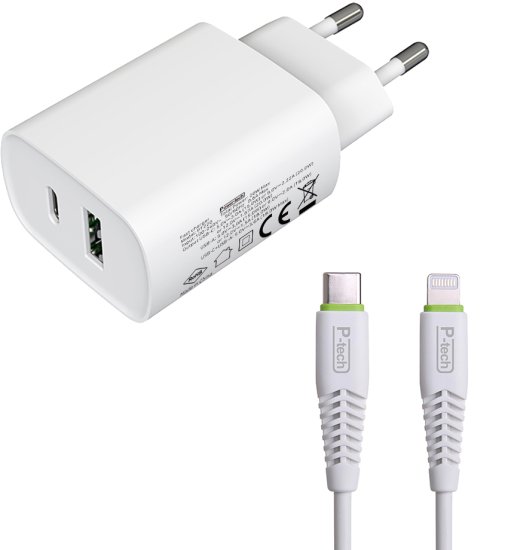 מטען קיר 20W עם כניסות USB-Type C + USB-A וכבל USB Type-C לחיבור Lightning באורך 1.5 מטר מבית Power-Tech - צבע לבן