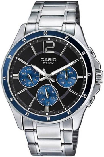 שעון יד אנלוגי לגברים עם רצועת Stainless Steel כסופה Casio Enticer MTP-1374D-7AVDF - שחור / כחול