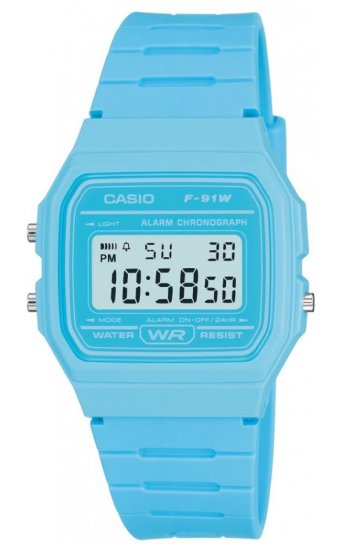 שעון יד דיגיטלי עם רצועת שרף תכלת Casio  F-91WC-2ADF - צבע תכלת