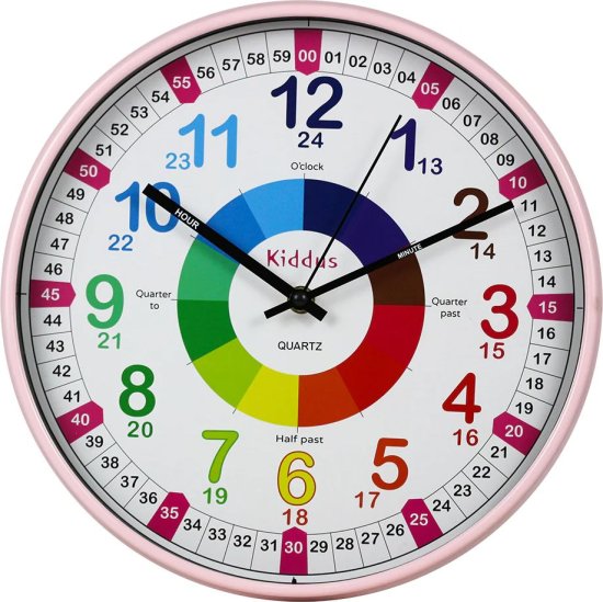 שעון קיר לילדים דגם Time Teacher XL מבית Kiddus - צבע ורוד 30 ס''מ