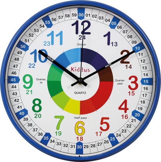 שעון קיר לילדים דגם Time Teacher XL מבית Kiddus - צבע כחול - 30 ס''מ