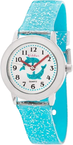 שעון יד אנלוגי דולפין לילדים עם רצועת סיליקון נוצצת דגם Fabulous מבית Kiddus - צבע תכלת