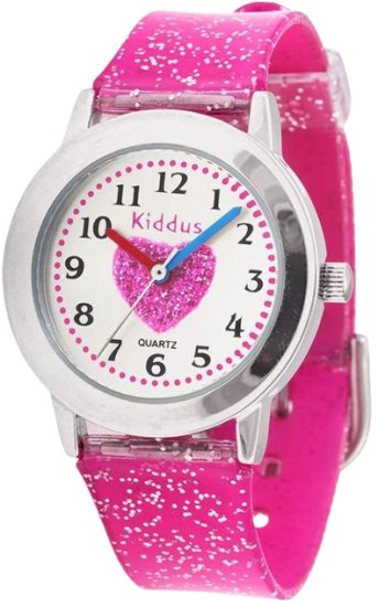 שעון יד אנלוגי לב לילדים עם רצועת סיליקון נוצצת דגם Fabulous מבית Kiddus - צבע ורוד