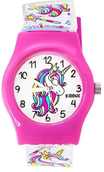 שעון יד אנלוגי חד קרן לילדים עם רצועת סיליקון דגם Glow In The Dark מבית Kiddus - צבע ורוד ורצועה לבנה