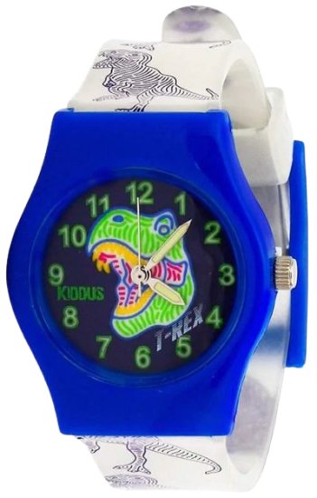 שעון יד אנלוגי דינוזאור לילדים עם רצועת סיליקון דגם Glow In The Dark מבית Kiddus - צבע כחול ורצועה לבנה