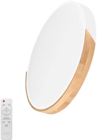 מנורה צמודת תקרה עגולה RAFAEL SLIM 75W מבית Omega גוון אור מתחלף 3000K-6500K + שלט - צבע לבן עם חצי מסגרת עץ