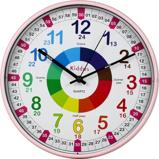 שעון קיר לילדים דגם Time Teacher XL מבית Kiddus - צבע ורוד 30 ס''מ