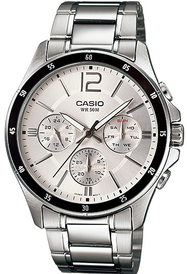 שעון יד אנלוגי לגברים עם רצועת Stainless Steel כסופה Casio Enticer MTP-1374D-7AVDF - לבן