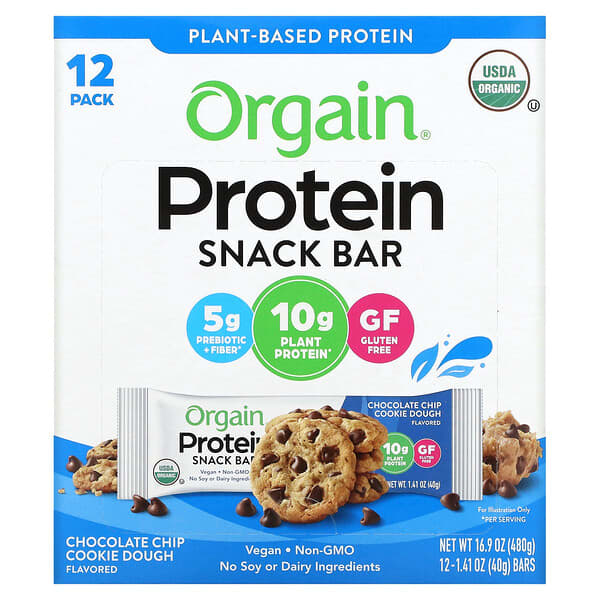 Orgain‏, חטיף חלבון אורגני מבוסס-צמחים, בצק עוגיות עם שבבי שוקולד, 12 חטיפים, 40 גרם (1.41 אונקיות) ליחידה, הזמנה מאייהרב – iHerb