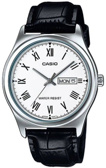 שעון יד אנלוגי לגברים עם רצועת עור שחורה MTP-V006L-7BUDF מבית Casio - צבע לבן