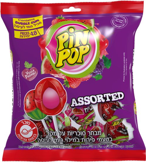 48 סוכריות על מקל במילוי גומי לעיסה PIN POP - טעם פירות