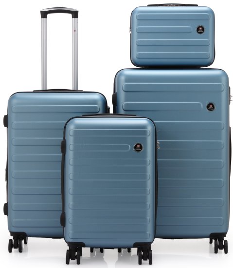 סט מזוודות קשיחות 20+24+28 אינץ' + תיק איפור מתנה דגם Vegas מבית Swiss Voyager – צבע כחול ג'ינס