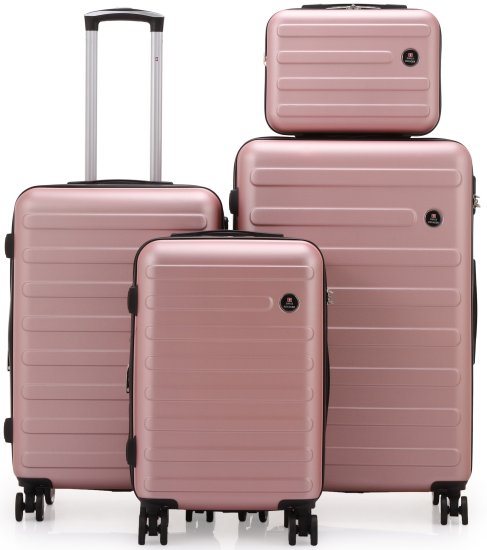 סט מזוודות קשיחות 20+24+28 אינץ' + תיק איפור מתנה דגם Vegas מבית Swiss Voyager – צבע רוז גולד
