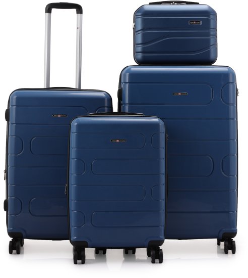 סט מזוודות קשיחות בלתי שבירות 20+26+30 אינץ' + תיק איפור מתנה דגם Wander מבית Swiss Voyager - צבע כחול ג'ינס
