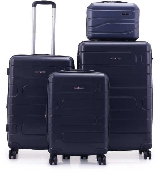 סט מזוודות קשיחות בלתי שבירות 20+26+30 אינץ' + תיק איפור מתנה דגם Wander מבית Swiss Voyager - צבע כחול נייבי