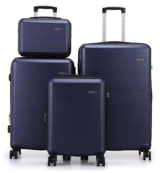 סט מזוודות קשיחות 20+24+28 אינץ' + תיק איפור מתנה דגם Madrid מבית Swiss Voyager - צבע כחול נייבי