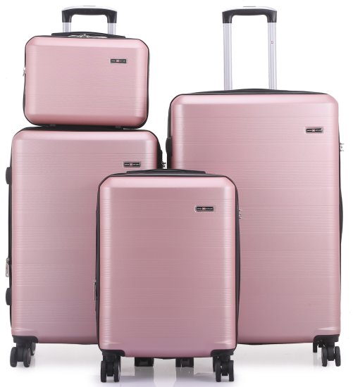 סט מזוודות קשיחות 20+24+28 אינץ' + תיק איפור מתנה דגם Madrid מבית Swiss Voyager - צבע רוז גולד