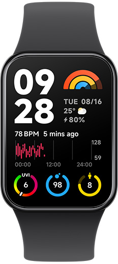 שעון רצועת יד Xiaomi Smart Band 8 Pro - צבע שחור - שנה אחריות יבואן רשמי על-ידי המילטון