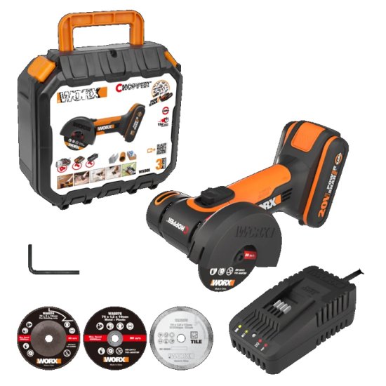 משחזת זווית מיני 20V Worx WX801 + סוללה 2.0AH + מטען 20V