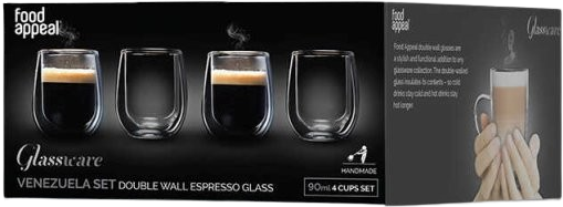 סט 4 כוסות זכוכית דופן כפולה דגם Venezuella מבית Food Appeal - נפח 90 מ''ל