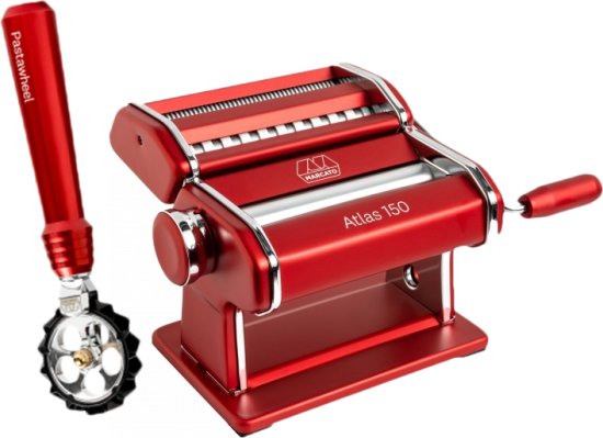 מכונת פסטה Atlas 150 + גלגל פסטה לחיתוך בצק מבית Marcato - בצבע אדום