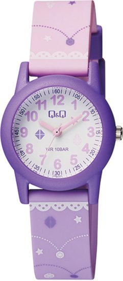 שעון יד אנלוגי לילדים עם רצועת שרף Q&Q VR99J006Y – צבע סגול וורוד עם איור תכשיטים