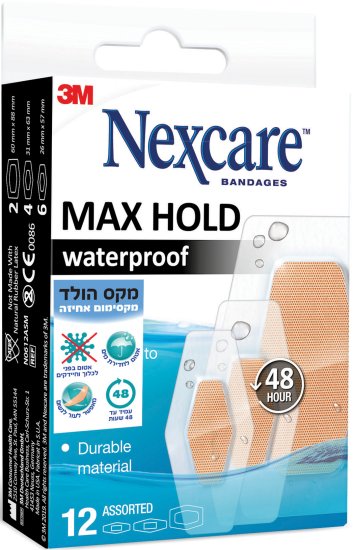 פלסטרים שקופים ועמידים למים Max Hold מבית Nexcare - סך הכל 12 יחידות
