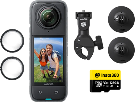 ערכת מצלמת אקסטרים Insta360 X4 עם אביזרי חיבור לאופנוע וכרטיס זכרון MicroSD 128GB