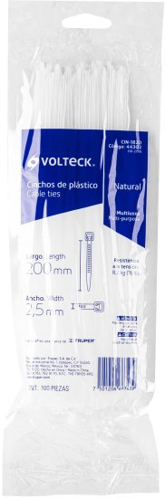 סט 100 אזיקונים 200X2.5 מ"מ מבית Volteck – לבן